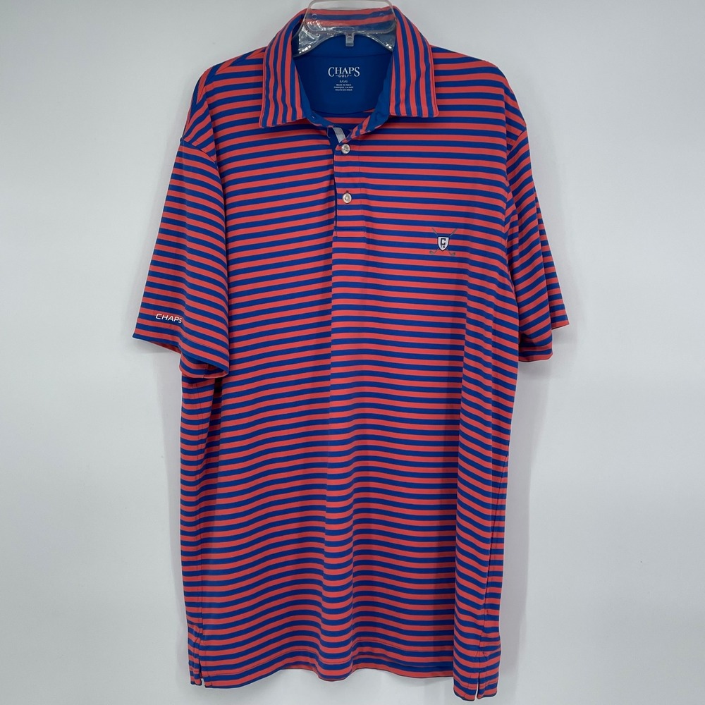 Chaps Golf Mens‎ Large L/G Stripe Polo Shirt Orange Blue Short Sleeve